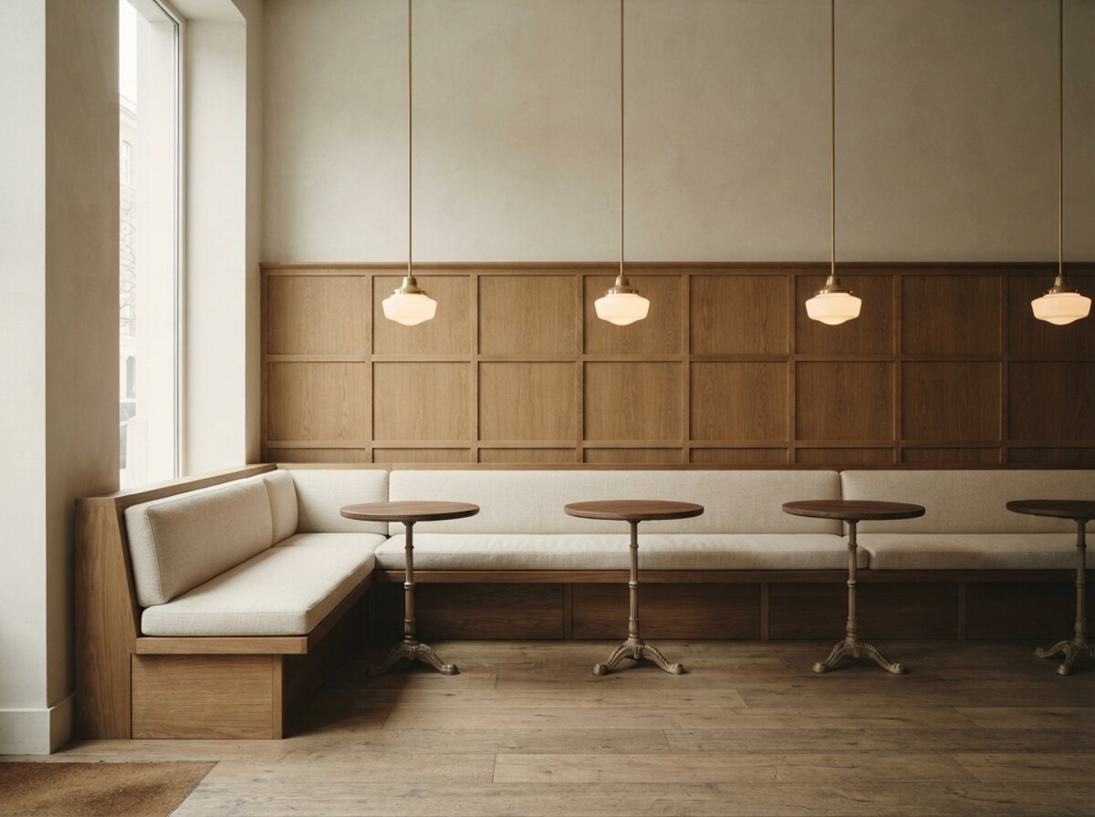 Café-Gastraum mit Bankett-Bank aus Eiche, Bistrotischen und Pendelleuchten