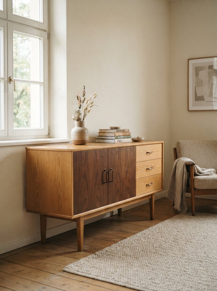 Sideboard aus Eiche und Nussbaum in einem hellen Wohnraum